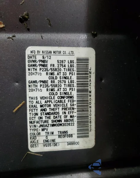 2013 Nissan Murano S z USA, uszkodzony, nr VIN JN8AZ1MW0DW302622